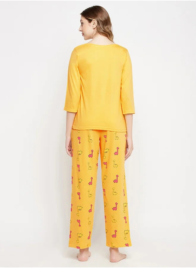 Clovia Clovia Dinosaur Print Top & Pyjama Set in Yellow - 100% Cotton