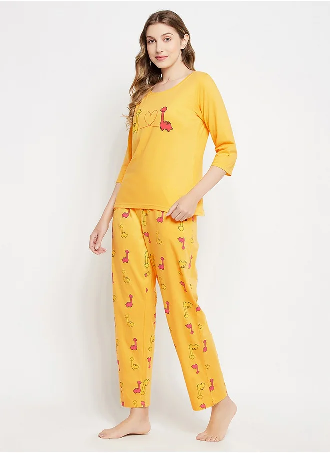 Clovia Clovia Dinosaur Print Top & Pyjama Set in Yellow - 100% Cotton