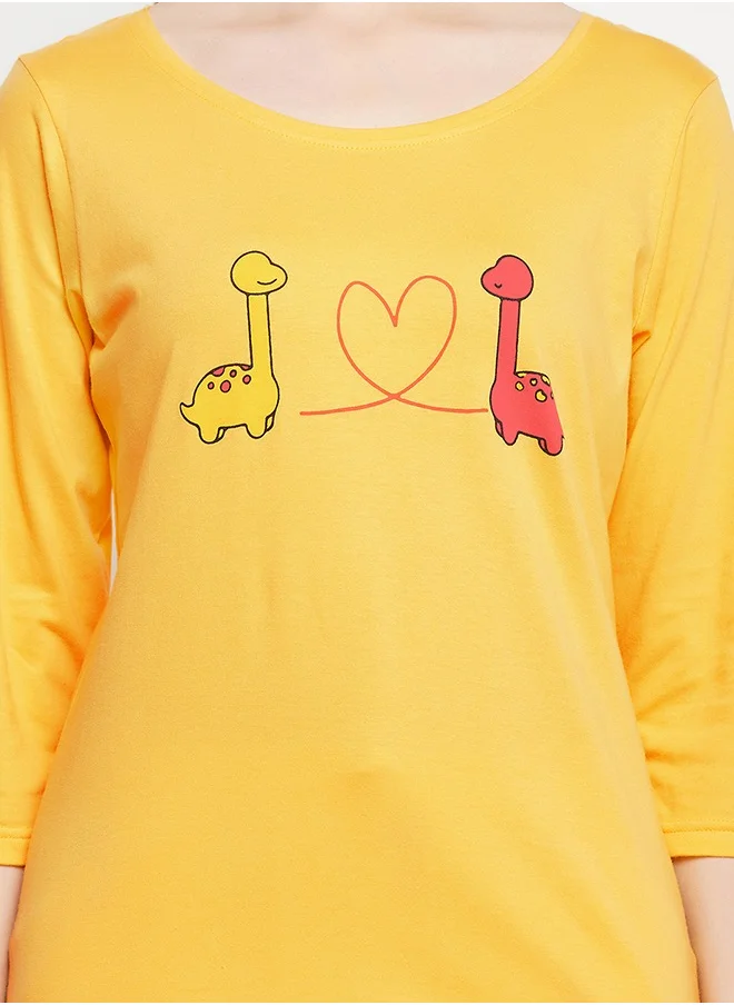 Clovia Clovia Dinosaur Print Top & Pyjama Set in Yellow - 100% Cotton