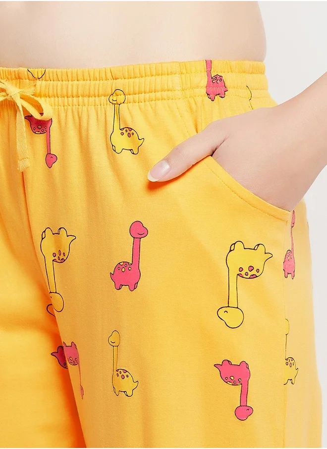 Clovia Clovia Dinosaur Print Top & Pyjama Set in Yellow - 100% Cotton