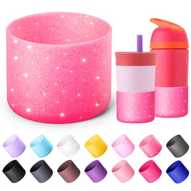 Diumepo Silicone Water Bottle Boot for Owala 14/16oz, Anti-Slip Protective Sleeve Bottom Bumper Protector for Owala Kids 12 oz Tumbler, Flip 14 oz and FreeSip 16 oz Water Bottle (Glitter Rose Red) - Image 1