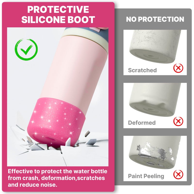 Diumepo Silicone Water Bottle Boot for Owala 14/16oz, Anti-Slip Protective Sleeve Bottom Bumper Protector for Owala Kids 12 oz Tumbler, Flip 14 oz and FreeSip 16 oz Water Bottle (Glitter Rose Red) - Image 4