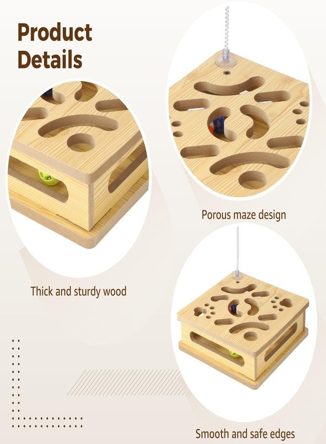 NIMBLOOM Interactive Cat Toy Box, Wooden Cat Puzzle Toy with 3 Bell Balls & 1 Teaser Feather, Maze Design, Stimulates Hunting Instincts, Alleviates Boredom for Kittens Adults - Image 4