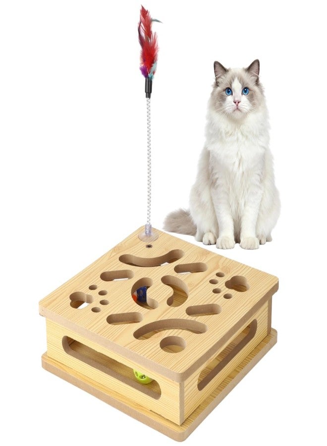 NIMBLOOM Interactive Cat Toy Box, Wooden Cat Puzzle Toy with 3 Bell Balls & 1 Teaser Feather, Maze Design, Stimulates Hunting Instincts, Alleviates Boredom for Kittens Adults - Image 2