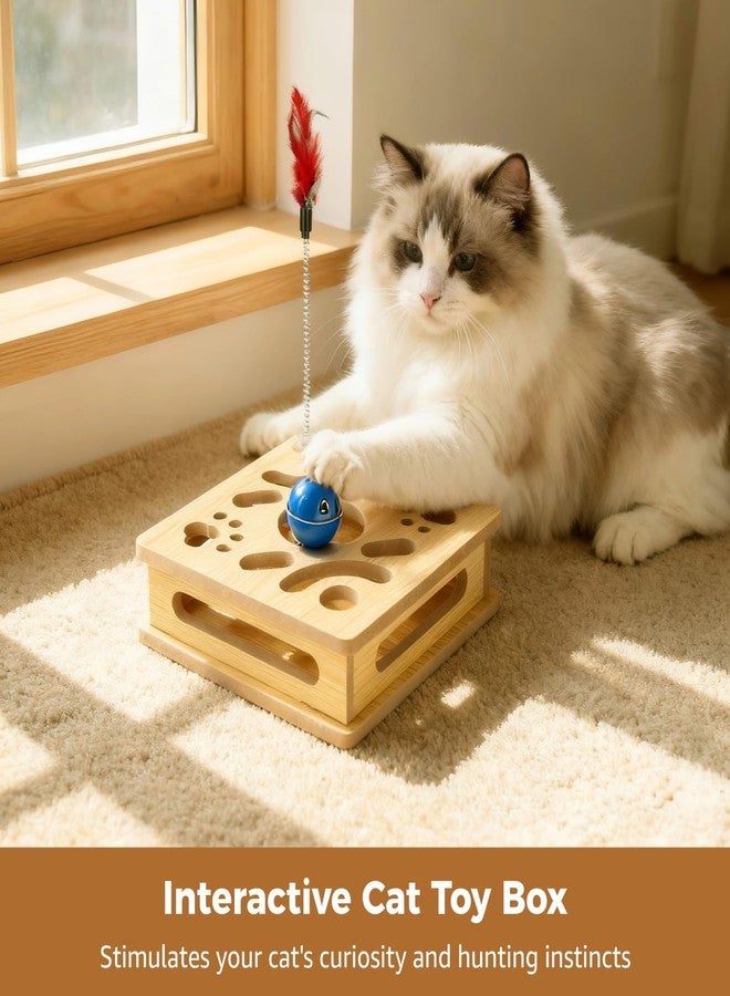 NIMBLOOM Interactive Cat Toy Box, Wooden Cat Puzzle Toy with 3 Bell Balls & 1 Teaser Feather, Maze Design, Stimulates Hunting Instincts, Alleviates Boredom for Kittens Adults - Image 3