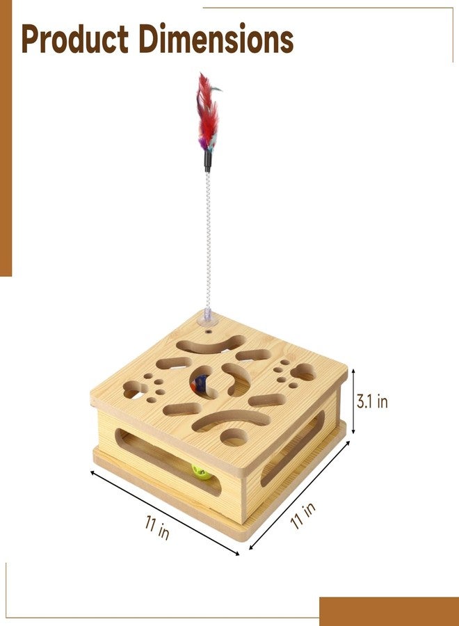 NIMBLOOM Interactive Cat Toy Box, Wooden Cat Puzzle Toy with 3 Bell Balls & 1 Teaser Feather, Maze Design, Stimulates Hunting Instincts, Alleviates Boredom for Kittens Adults - Image 5