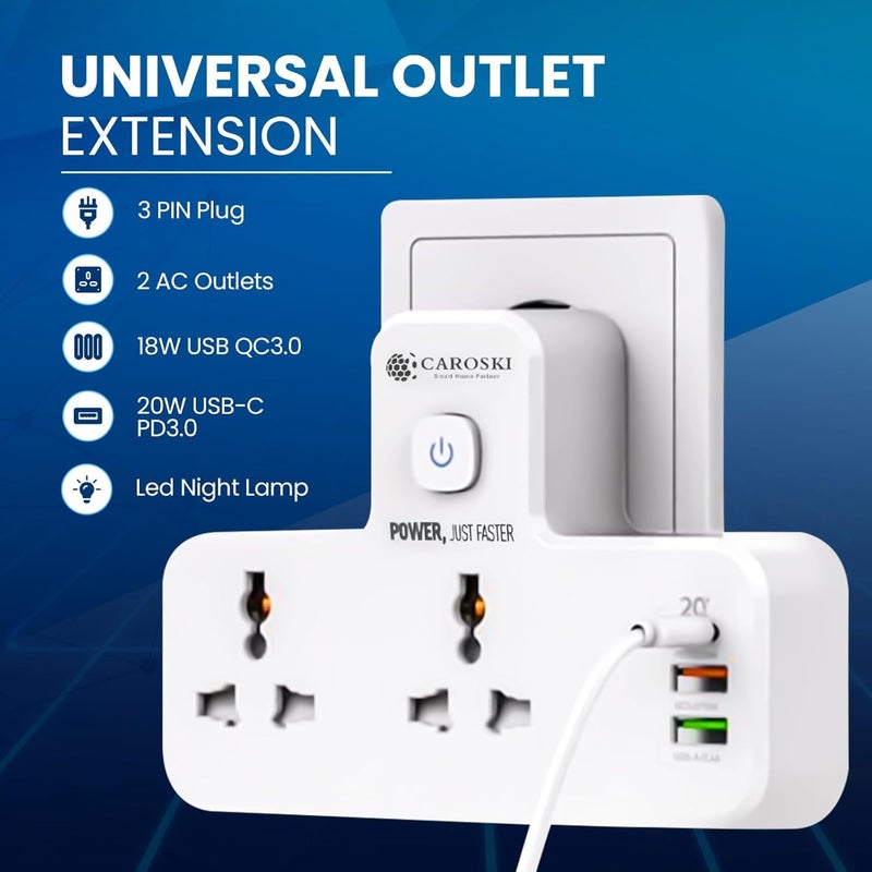 CAROSKI Power Wall Multi plug Extension Socket | 20W USB-C PD Quick Charge Port | 2 USB-A 1 QC 3.0 18W and 2.4 A | 2 Universal Outlets Wall Adaptor | UK 3-Pin plug with light for Home |Office - Image 2