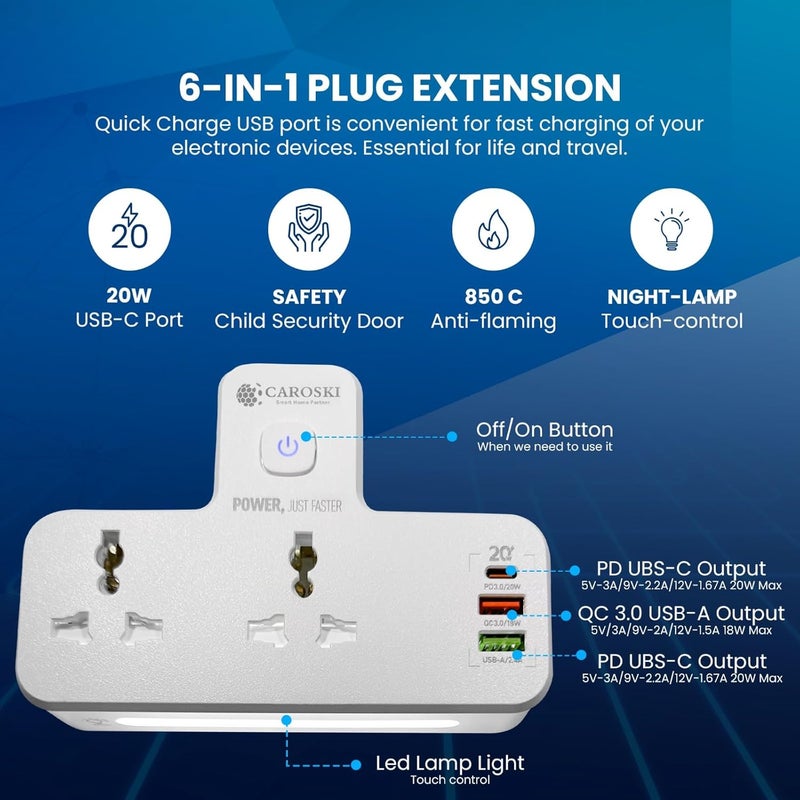 CAROSKI Power Wall Multi plug Extension Socket | 20W USB-C PD Quick Charge Port | 2 USB-A 1 QC 3.0 18W and 2.4 A | 2 Universal Outlets Wall Adaptor | UK 3-Pin plug with light for Home |Office - Image 4