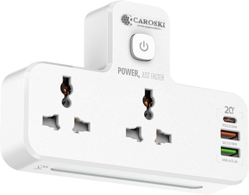 CAROSKI Power Wall Multi plug Extension Socket | 20W USB-C PD Quick Charge Port | 2 USB-A 1 QC 3.0 18W and 2.4 A | 2 Universal Outlets Wall Adaptor | UK 3-Pin plug with light for Home |Office - Image 3