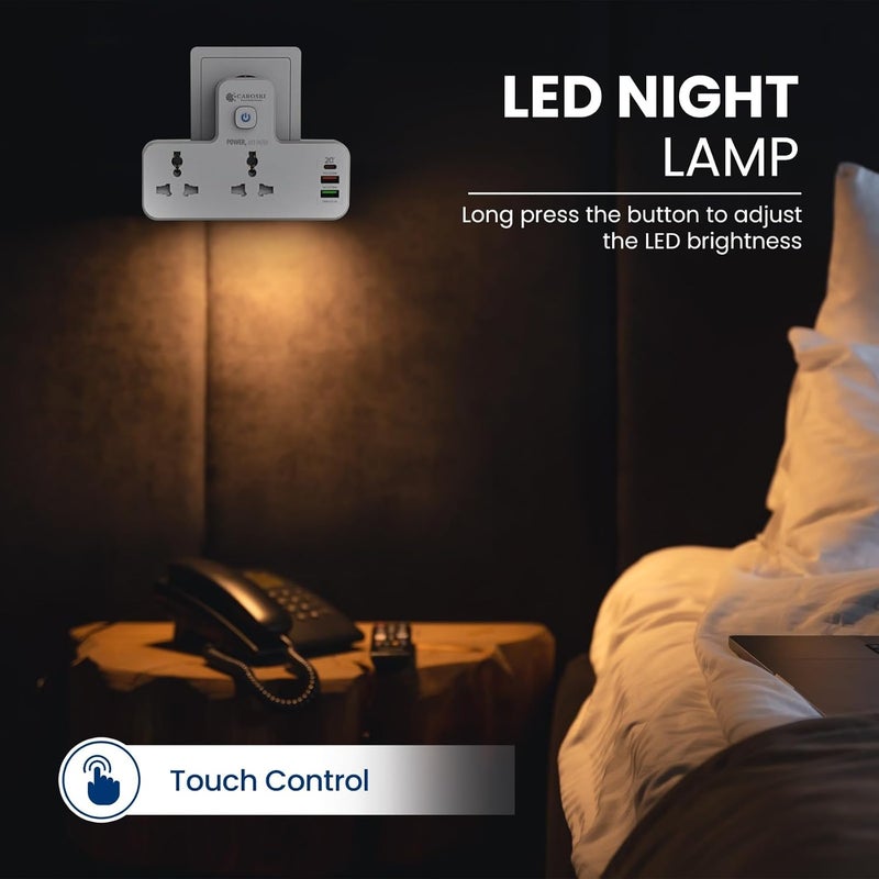 CAROSKI Power Wall Multi plug Extension Socket | 20W USB-C PD Quick Charge Port | 2 USB-A 1 QC 3.0 18W and 2.4 A | 2 Universal Outlets Wall Adaptor | UK 3-Pin plug with light for Home |Office - Image 5