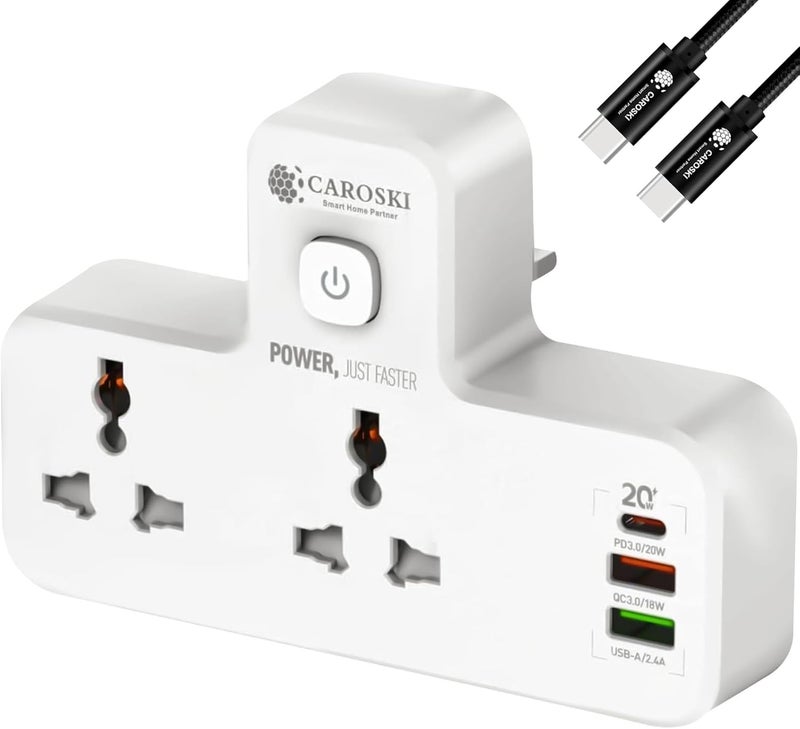 CAROSKI Power Wall Multi plug Extension Socket | 20W USB-C PD Quick Charge Port | 2 USB-A 1 QC 3.0 18W and 2.4 A | 2 Universal Outlets Wall Adaptor | UK 3-Pin plug with light for Home |Office - Image 1