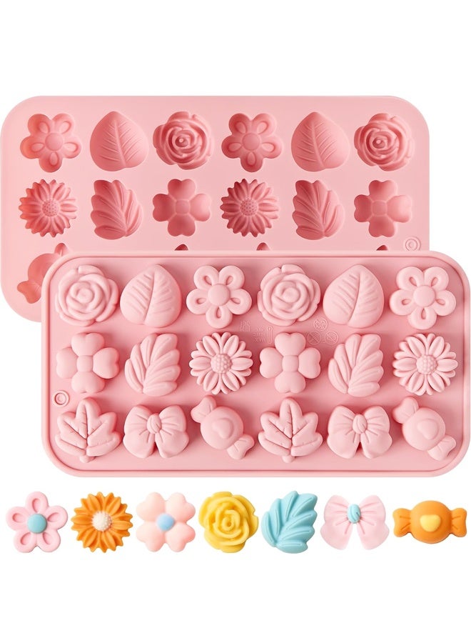 2PCS Flower Chocolate Molds, 18-Cavity Daisy Rose Tulip Bow Leaf Silicone Candy Mold for Gummies, Cupcake Toppers, Cake Decorating - Image 1