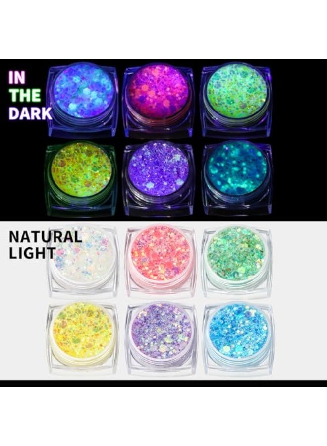 6 Colors Glow in The Dark Glitter Gel, Face Glitter Gel, Body Glitter Hair Glitter for Carnival Makeup UV Black Light Party Cheer Raves Festivals - Image 1