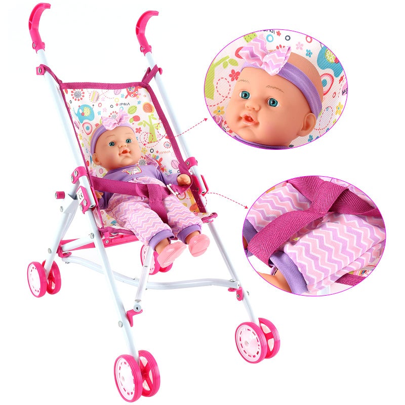 deAO Kids Baby Doll Stroller Nursery Role Play Set with a Variety of Feeding Toy and Play Mat Travel Cot Baby Carrier Stroller and Travel Bag - Image 2
