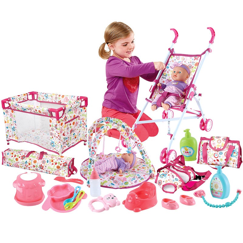 deAO Kids Baby Doll Stroller Nursery Role Play Set with a Variety of Feeding Toy and Play Mat Travel Cot Baby Carrier Stroller and Travel Bag - Image 1