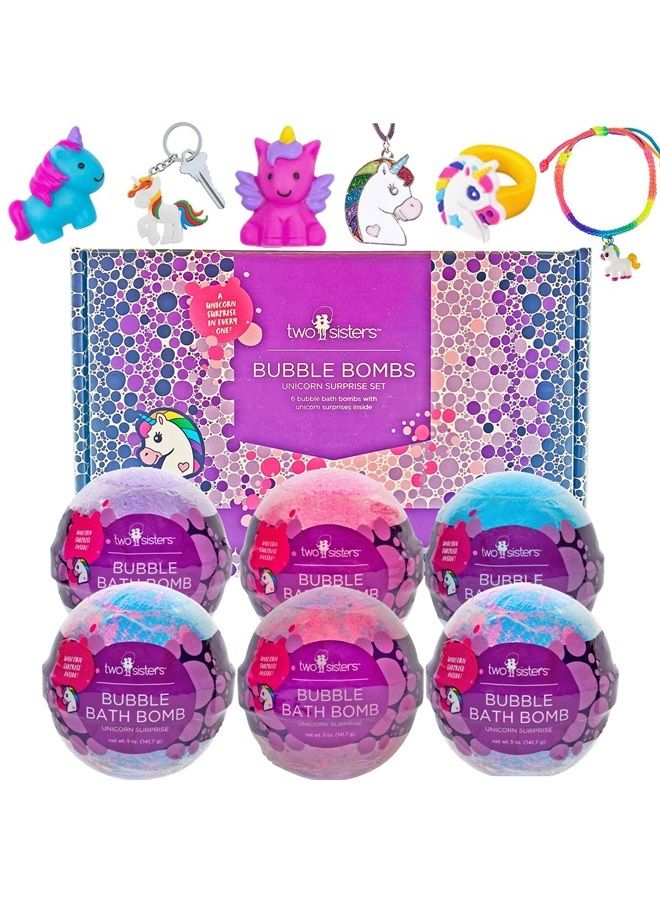 Two Sisters Bubble Bombs Unicorn Surprise Set | Bath Bombs for Kids with Toys and Jewelry Inside | 6-Pack Set in a Gift Box | Safe for Sensitive Skin | Fizzy and Bubbly Bath Balls for Boys & Girls - Image 1