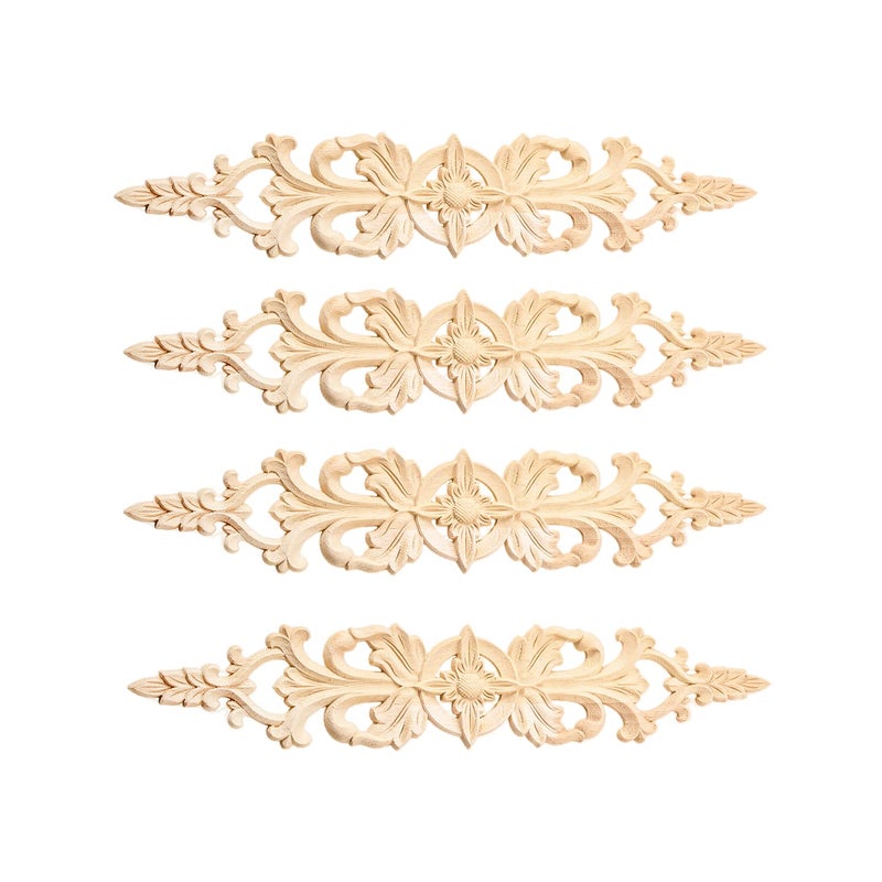 MUXSAM 4Pcs Long Wood-Carved Onlays Appliques for Furniture, Unpainted Wooden Carving Decals for Wall Cupboard Mirror Mantel Door Bed Cabinet Ceiling Dresser Refurbish Project(33x6cm/12.99"x2.36")