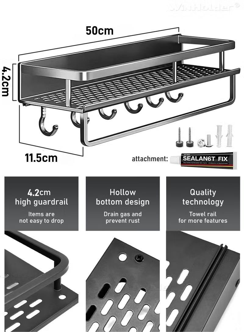 Shower Caddy Shelf, Adhesive Bathroom Shower Rack with Towel Bar and Hooks, No Drilling Wall Mounted Shower Organizer, Grey Rustproof Bath Storage Basket for Bathroom, Toilet, Kitchen (1 Pack) - Image 2