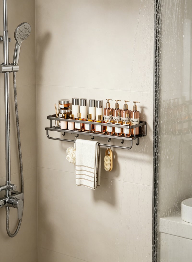 Shower Caddy Shelf, Adhesive Bathroom Shower Rack with Towel Bar and Hooks, No Drilling Wall Mounted Shower Organizer, Grey Rustproof Bath Storage Basket for Bathroom, Toilet, Kitchen (1 Pack) - Image 3