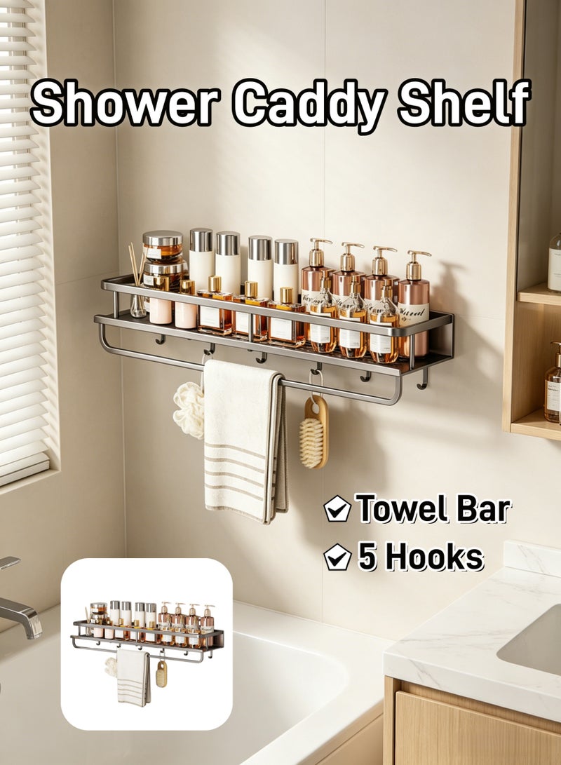 Shower Caddy Shelf, Adhesive Bathroom Shower Rack with Towel Bar and Hooks, No Drilling Wall Mounted Shower Organizer, Grey Rustproof Bath Storage Basket for Bathroom, Toilet, Kitchen (1 Pack) - Image 1