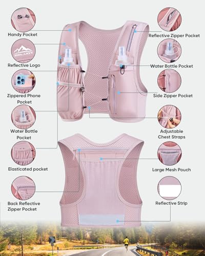 Zelvot Running Vest for Women Men, USA Original Patent, Adjustable Chest Straps Running Hydration Vest with 500ml Soft Flask, Lightweight Reflective Hydration Backpack for Hiking Marathon (Pink, M/L) - Image 5
