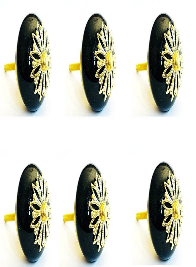 SHRIYAM CRAFTS Classic Ceramic Golden Filigree Knobs for Cabinets & Cupboards Drawer Pull (Gold Black Round KNOBDS Pack of 6) - Image 1