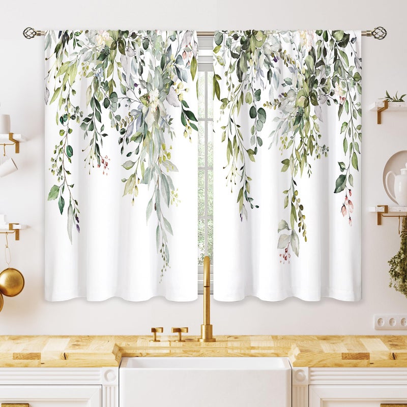 oolygoo Eucalyptus Botanical Leaves Floral Kitchen Window Curtains Over Sink Farmhouse Flower Leaf Small Window Treatment Sage Green Cafe Short Curtains for Bathroom Treatment Tier Drapes 26x45 inch - Image 1