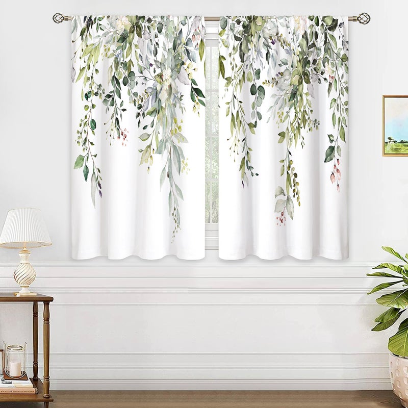 oolygoo Eucalyptus Botanical Leaves Floral Kitchen Window Curtains Over Sink Farmhouse Flower Leaf Small Window Treatment Sage Green Cafe Short Curtains for Bathroom Treatment Tier Drapes 26x45 inch - Image 4