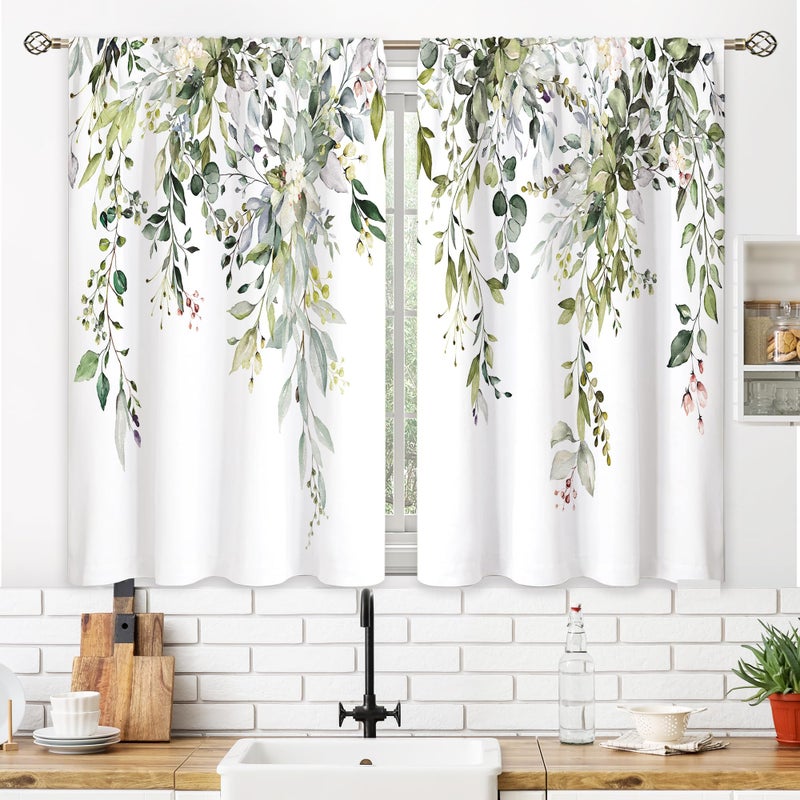oolygoo Eucalyptus Botanical Leaves Floral Kitchen Window Curtains Over Sink Farmhouse Flower Leaf Small Window Treatment Sage Green Cafe Short Curtains for Bathroom Treatment Tier Drapes 26x45 inch - Image 3