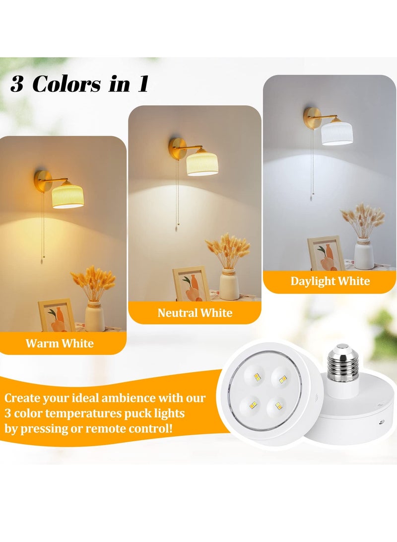 2 Packs Battery Operated Light Bulb for Lamps 3 Color Screw in LED Puck Lights with 1 Remote AA Battery Powered Wireless Dimmable Timer Light Bulb with E26 Screw Socket for Non Electric Wall Sconce - Image 2