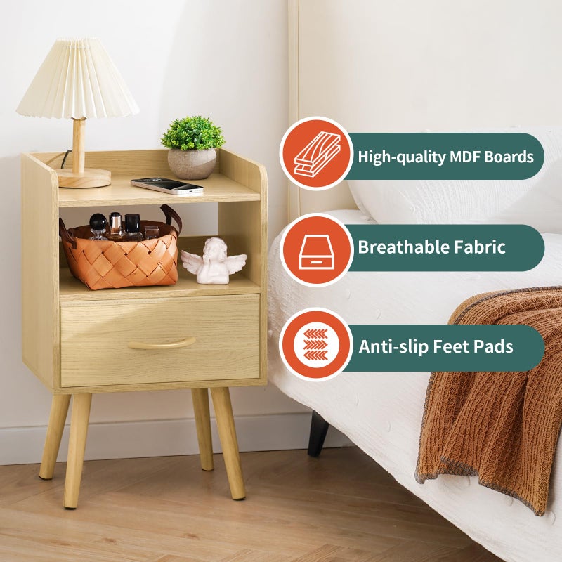 Yoobure Modern Nightstand with Fabric Drawer, Bedside Tables, Mid Century Nightstand with Open Storage Shelf, Wood Bedside Table, Small Night Stands for Bedrooms, 2-Tier Night Table - Image 2