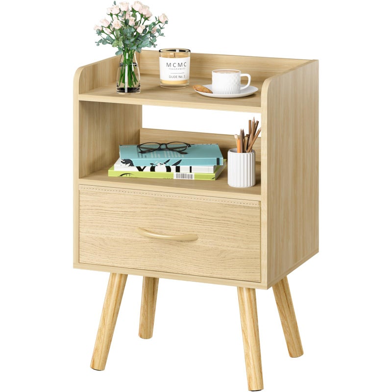 Yoobure Modern Nightstand with Fabric Drawer, Bedside Tables, Mid Century Nightstand with Open Storage Shelf, Wood Bedside Table, Small Night Stands for Bedrooms, 2-Tier Night Table - Image 1