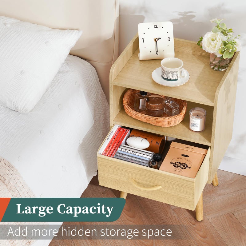 Yoobure Modern Nightstand with Fabric Drawer, Bedside Tables, Mid Century Nightstand with Open Storage Shelf, Wood Bedside Table, Small Night Stands for Bedrooms, 2-Tier Night Table - Image 4