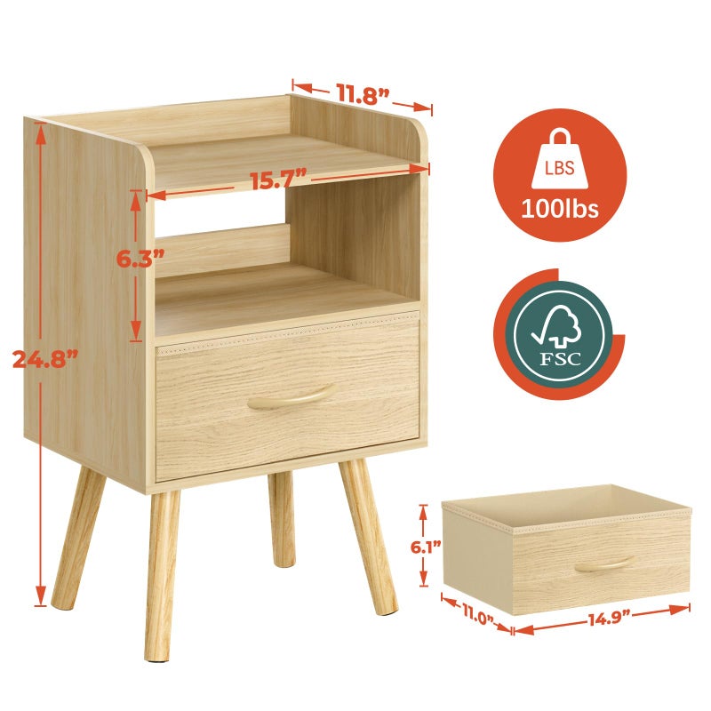 Yoobure Modern Nightstand with Fabric Drawer, Bedside Tables, Mid Century Nightstand with Open Storage Shelf, Wood Bedside Table, Small Night Stands for Bedrooms, 2-Tier Night Table - Image 3