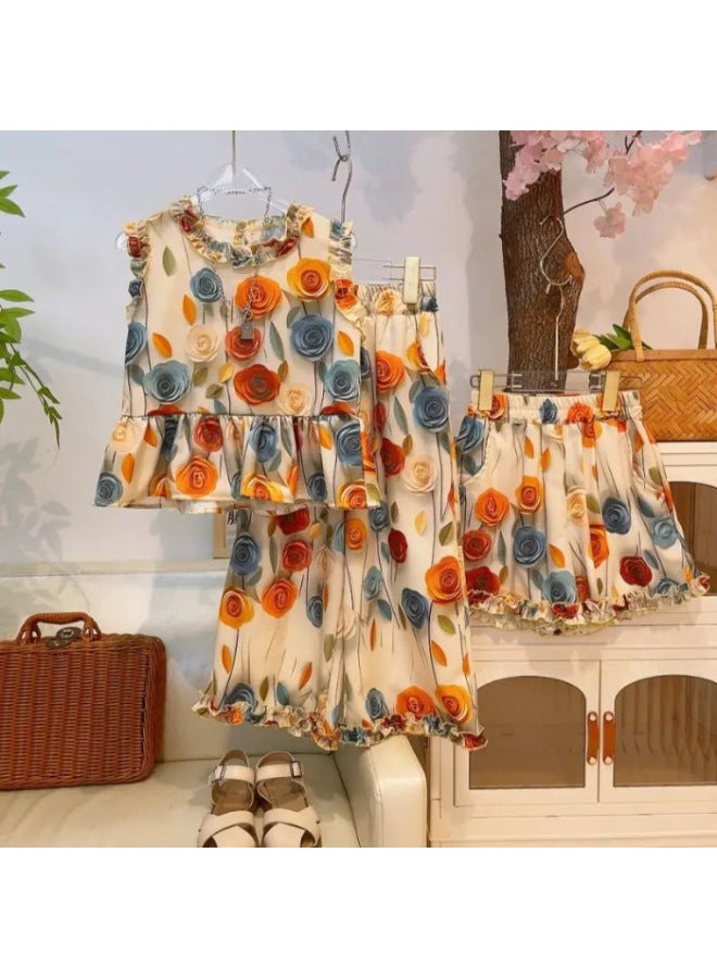 Girls' Summer Outfit Set : Stylish Summer Vest, Mosquito-proof Wide-leg Pants, Children's Three-piece Set