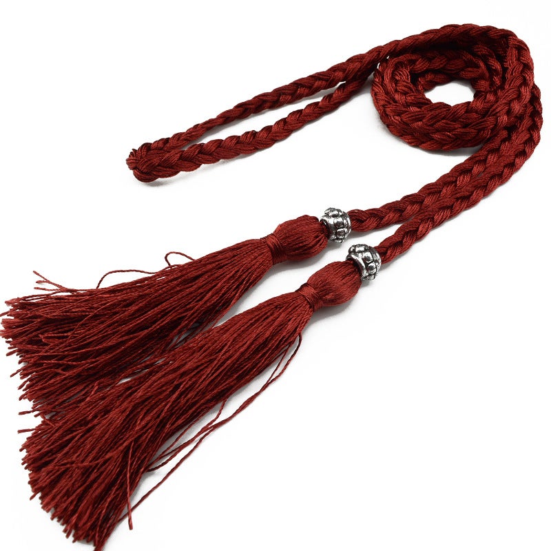 Braided Tassel Belt Ladies Skinny Butterfly Knot Burgundy 