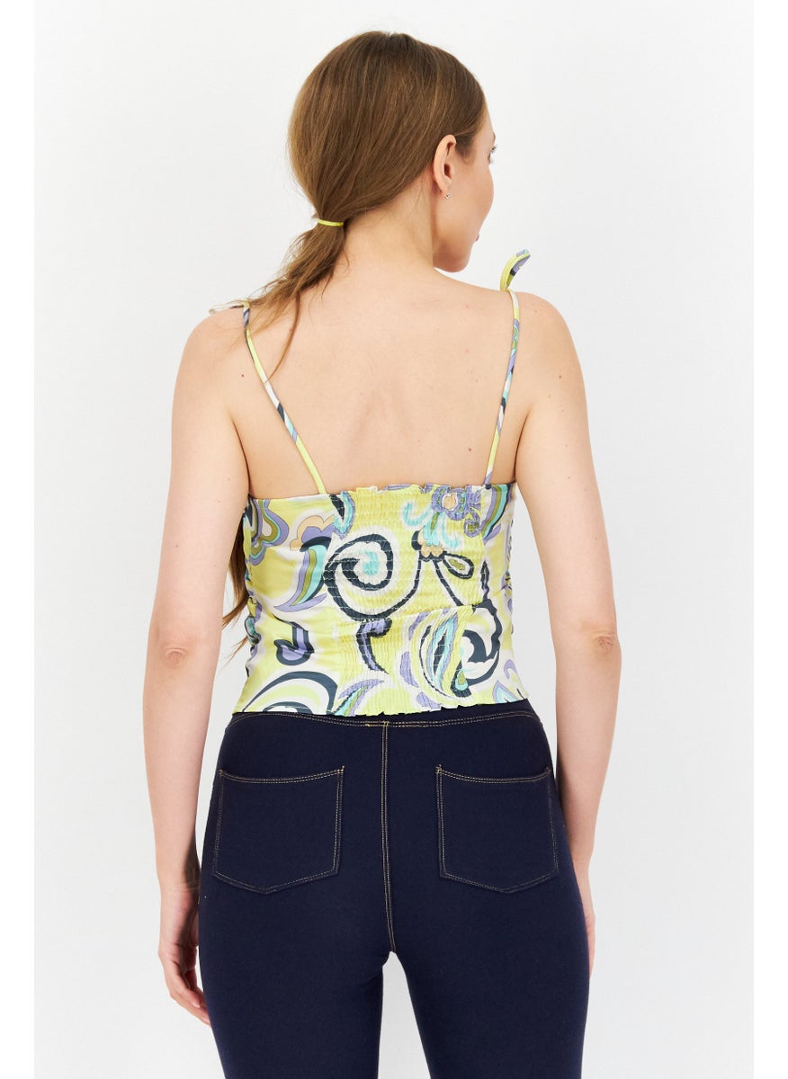 RIVER ISLAND Women Square Neck Tie Sleeves Printed Top, Yellow Combo  - Image 4