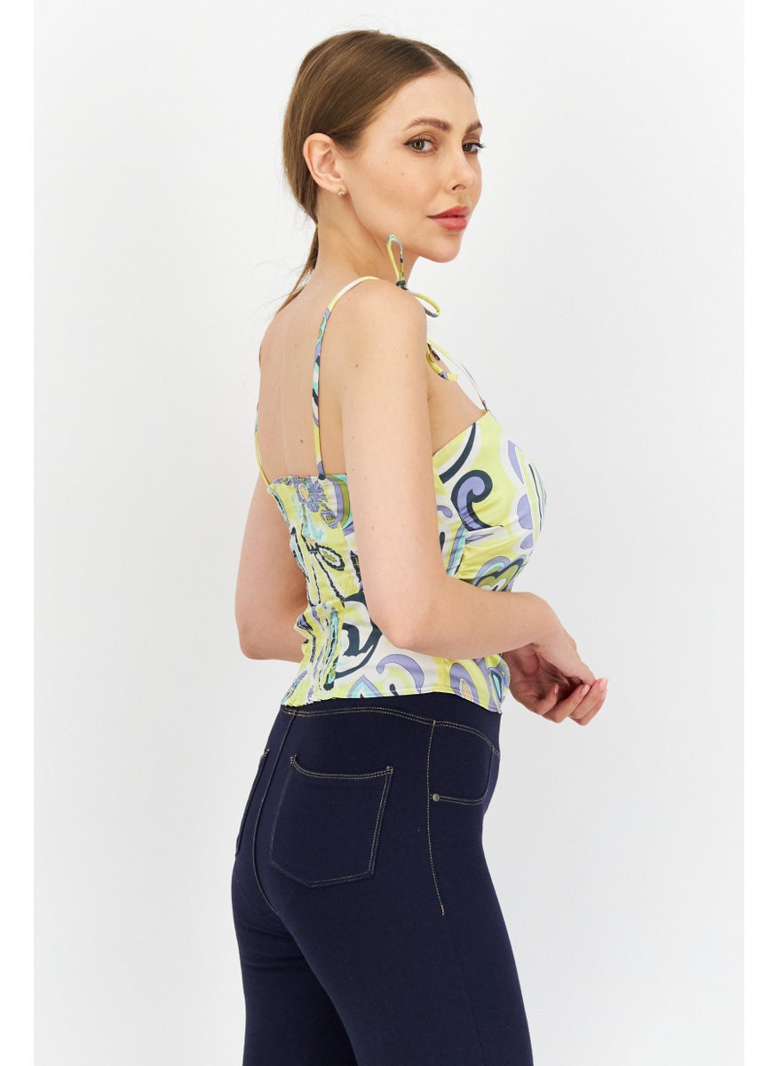 RIVER ISLAND Women Square Neck Tie Sleeves Printed Top, Yellow Combo  - Image 3