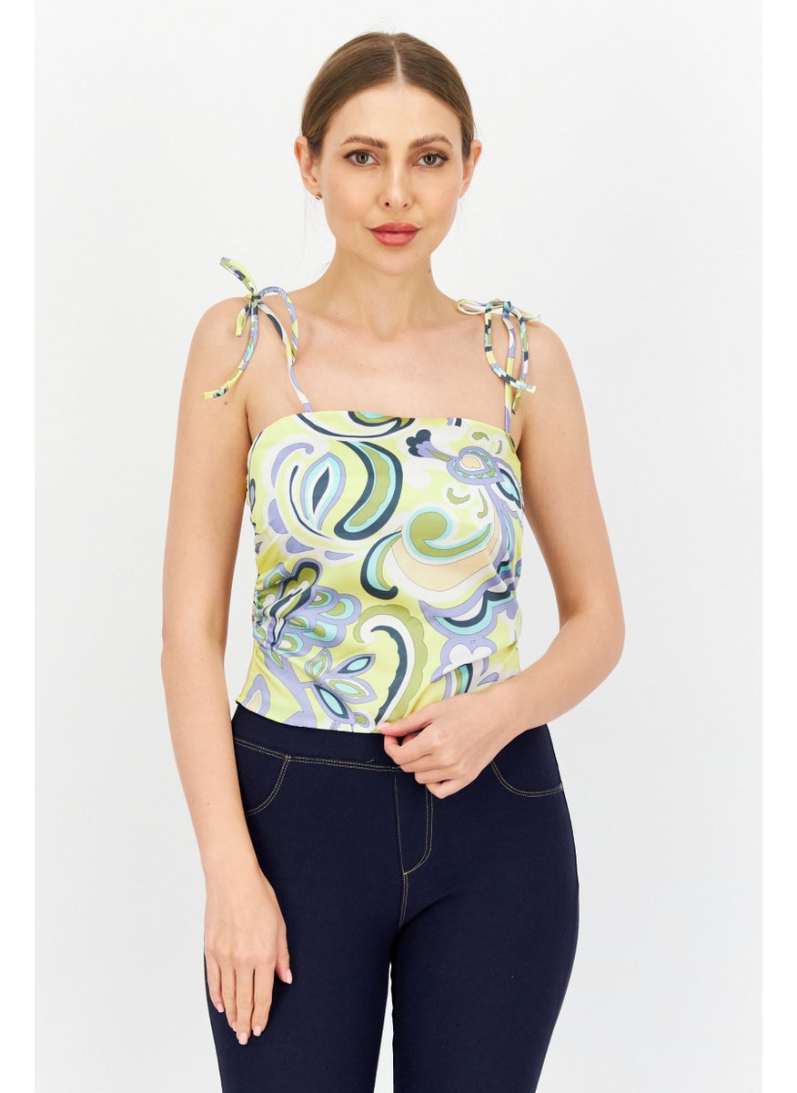 RIVER ISLAND Women Square Neck Tie Sleeves Printed Top, Yellow Combo  - Image 1