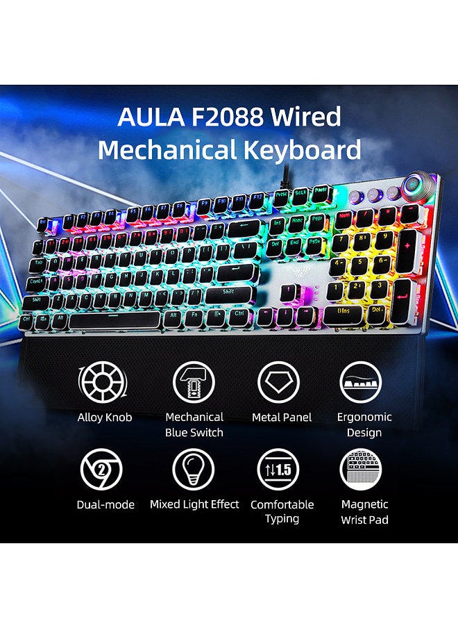 F2088 104 Keys Wired Gaming Mechanical Punk Round Keyboard Mixed Light Effect Metal Panel with Wrist Pad White(Blue Switches)