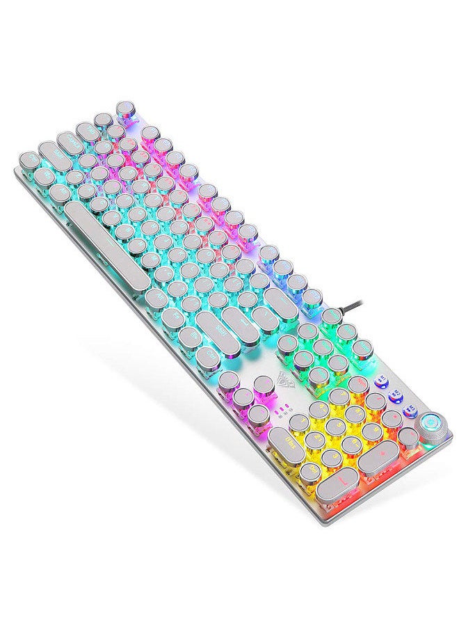 F2088 104 Keys Wired Gaming Mechanical Punk Round Keyboard Mixed Light Effect Metal Panel with Wrist Pad White(Blue Switches)