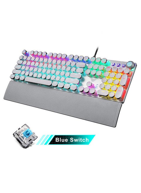 F2088 104 Keys Wired Gaming Mechanical Punk Round Keyboard Mixed Light Effect Metal Panel with Wrist Pad White(Blue Switches)