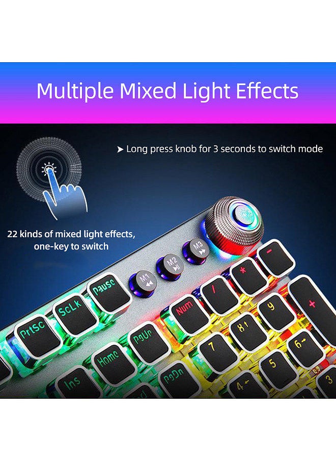 F2088 104 Keys Wired Gaming Mechanical Punk Round Keyboard Mixed Light Effect Metal Panel with Wrist Pad White(Blue Switches)