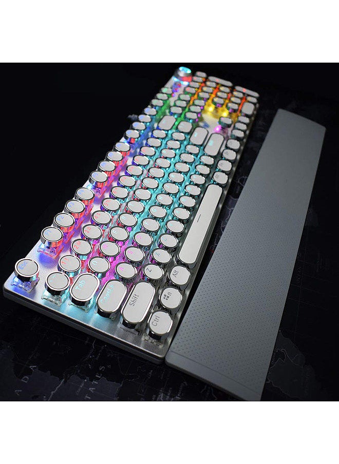F2088 104 Keys Wired Gaming Mechanical Punk Round Keyboard Mixed Light Effect Metal Panel with Wrist Pad White(Blue Switches)