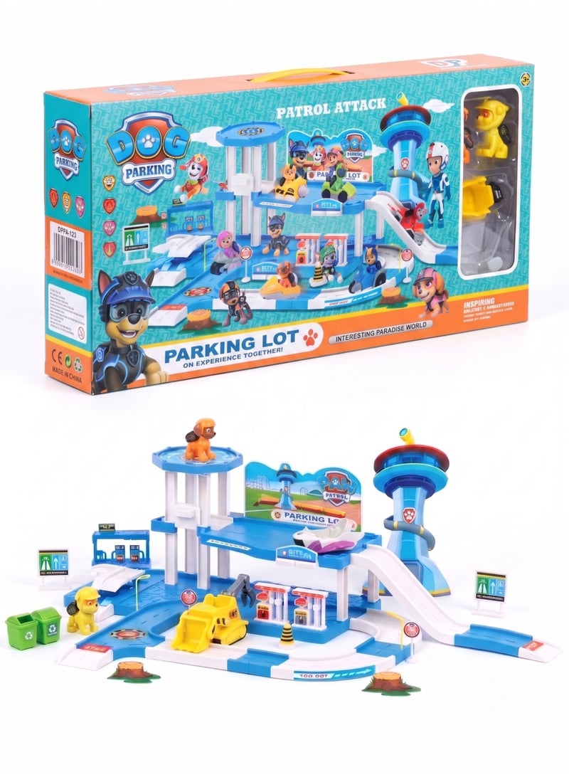 Paw Patrol Toys Paw Patrol Style Parking Lot Playset with 2 Dog Figures & 2 Rescue Vehicles – Multi-Level Garage Toy Station for Car Lovers | Rescue City Service Base with Lookout Tower & Ramps | Best Gift for Kids Birthday, Eid, Christmas, Exam Passout - Image 1