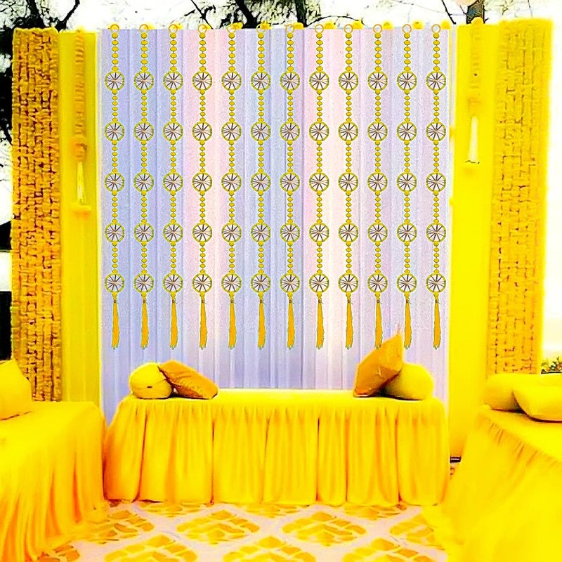 Rajasthan Kraft Rajasthan Kraft Handmade Pom Pom Beads with Gotta Patti Ring Tassels Used for Wall Decor and Door Hanging Length 55 Inch Pack of 20 Colour Yellow RK3480520  - Image 2