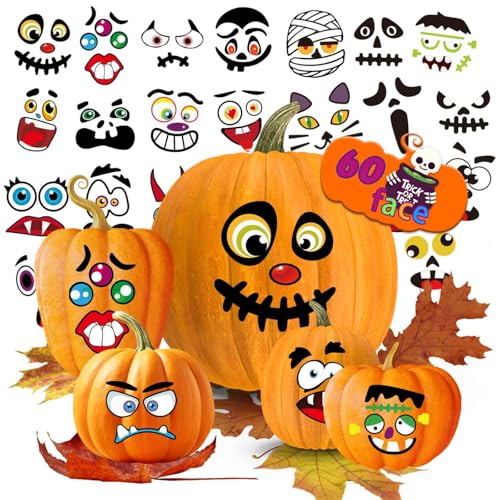 OTAITY 60 Pack Large Halloween Pumpkin Decorating Stickers Make 60 Pumpkin Face Stickers for Kids Toddlers Halloween Party Supplies Party Favors Trick or Treat Gifts - Image 1