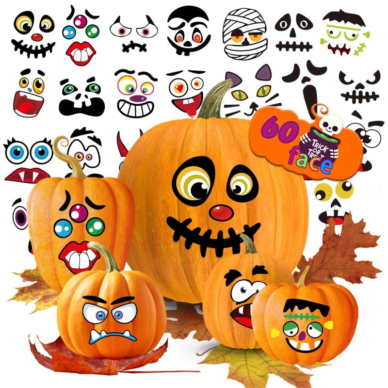 OTAITY 60 Pack Large Halloween Pumpkin Decorating Stickers Make 60 Pumpkin Face Stickers for Kids Toddlers Halloween Party Supplies Party Favors Trick or Treat Gifts - Image 2