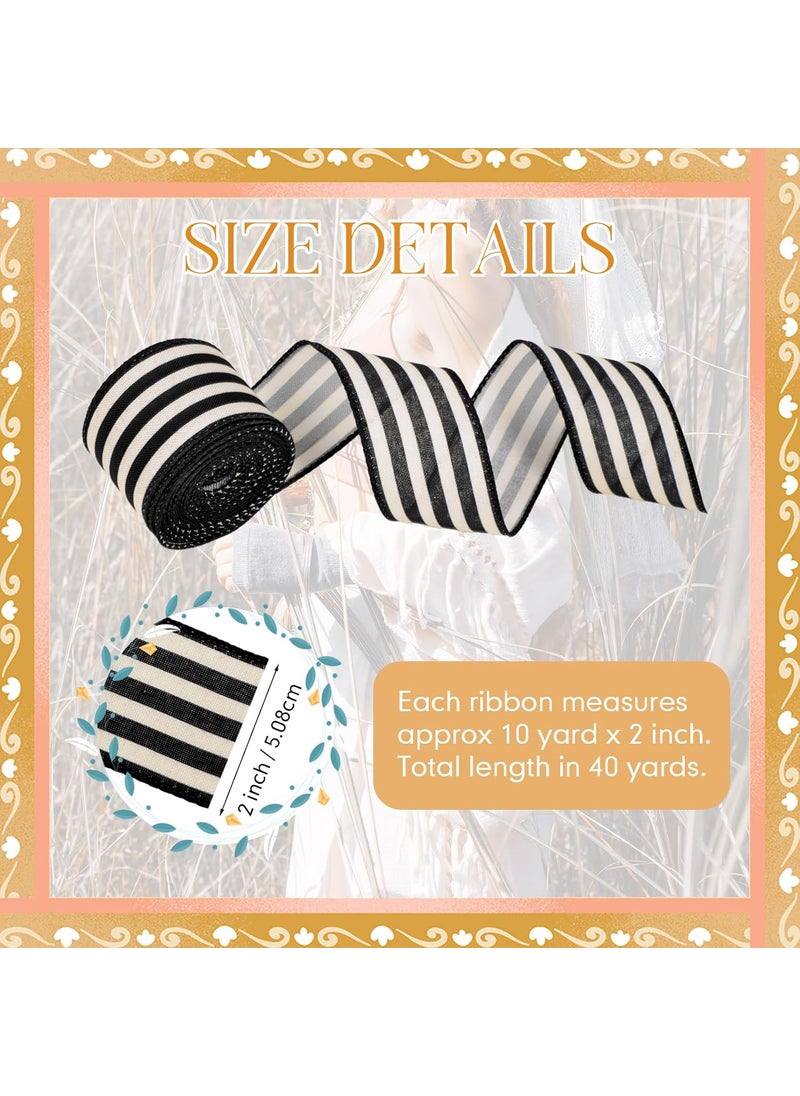 Moukeren Moukeren 4 Rolls 10 Yard Black and Cream White Wired Stripes Ribbon Rustic Ivory Boho Black and White Wired Edge Ribbon for Wreath Gift DIY Crafts Wedding Party Decoration2 Inch  - Image 2