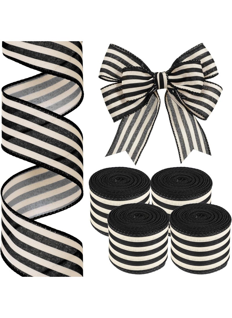 Moukeren Moukeren 4 Rolls 10 Yard Black and Cream White Wired Stripes Ribbon Rustic Ivory Boho Black and White Wired Edge Ribbon for Wreath Gift DIY Crafts Wedding Party Decoration2 Inch  - Image 1